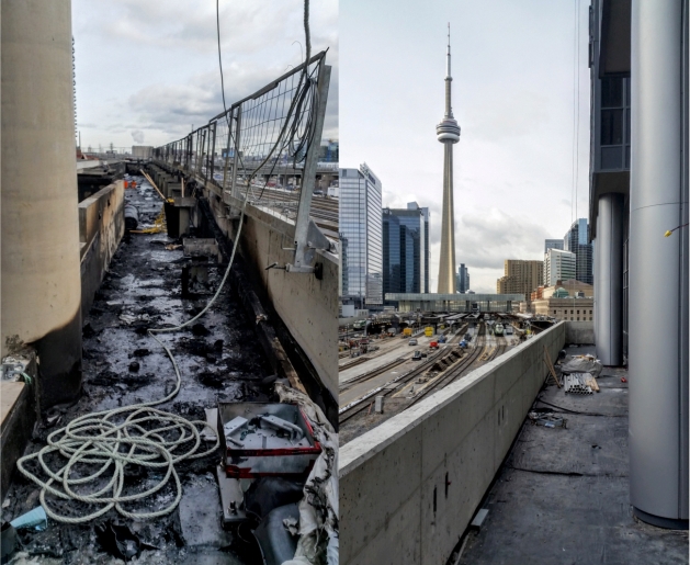 East view of the Backstage podium deck showing minimal fire damage from Wednesday's fire and looking west showing no damage. 