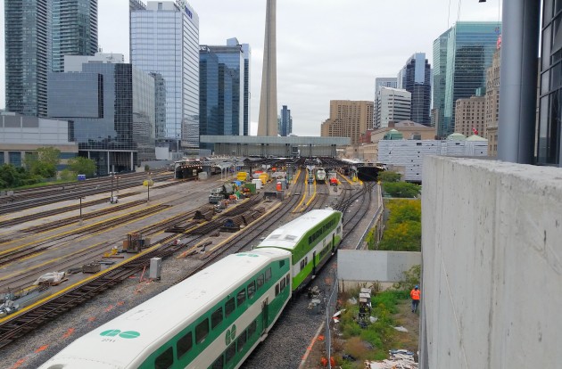 Go Train pulling into Union Station, seen from the Backstage podium deck